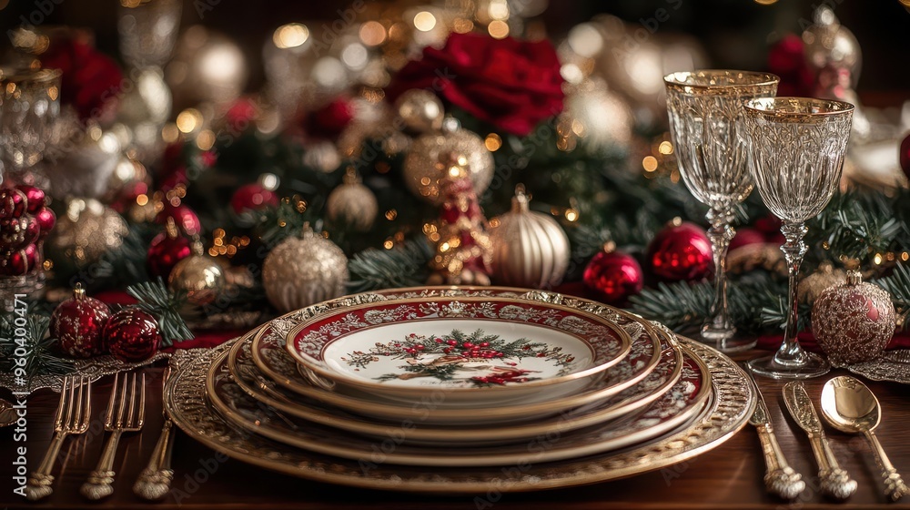 festive elegance opulent christmas table setting with rich red and gold decorations adorning placemats plates and silverware festive elegance opulent christmas table setting with rich red and gold decorations adorning placemats plates and silverware