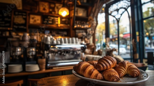 A warm, inviting café interior featuring fresh croissants on the counter, a shiny espresso machine, and elegant lighting with a touch of greenery..