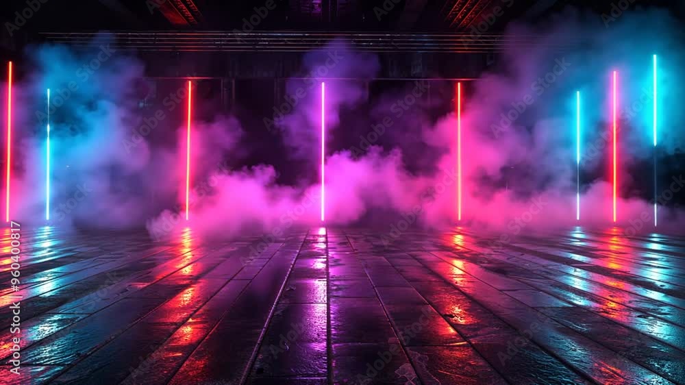 Vibrant Neon Lights and Fog in an Empty Industrial Setting Vibrant Neon Lights and Fog in an Empty Industrial Setting