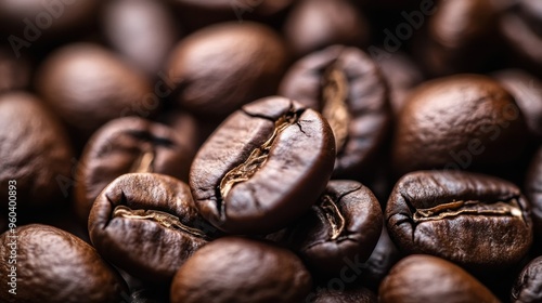 Macro shot of coffee beans with a soft focus background, highlighting their texture and color variations