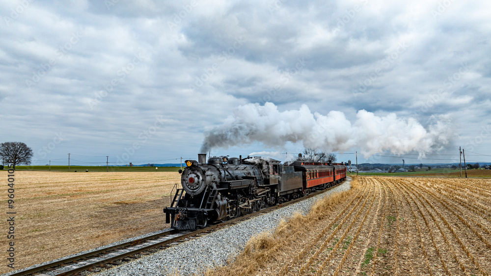 Naklejka premium A vintage steam train chugs along railway tracks, releasing plumes of vapor as it passes through golden fields of harvested crops under a gray, overcast sky.