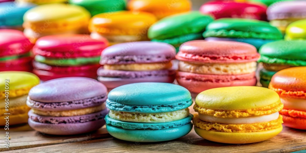 Close up of colorful macaron cakes with creamy filling displayed on a table indoors Close up of colorful macaron cakes with creamy filling displayed on a table indoors