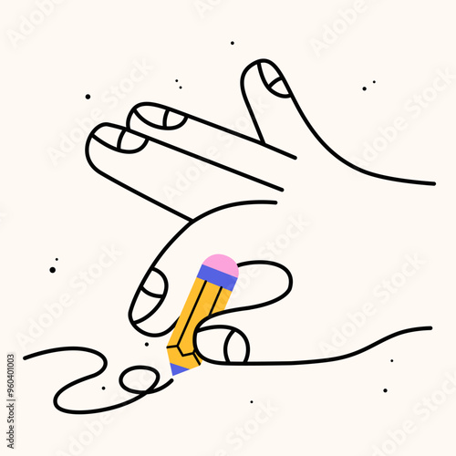 Hand holding school stuff. Hand draw flat vector illustration with the big hand with the colorful book. Trendy isolated illustration, education concept.