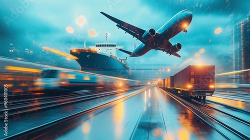 Vibrant image depicting various modes of transportation, including an airplane, a cargo ship, and a freight train, symbolizing global logistics.