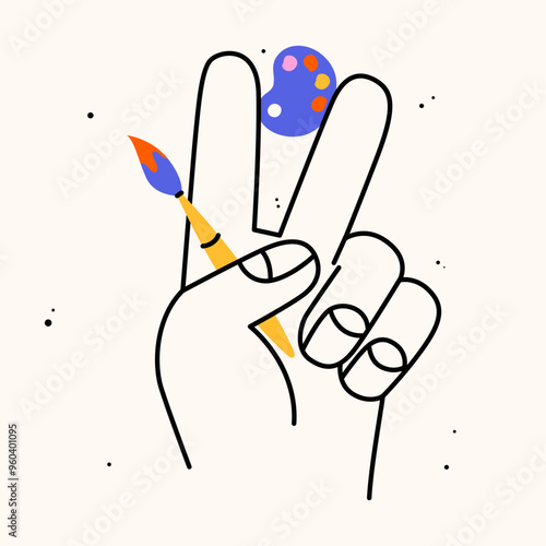 Hand holding school stuff. Hand draw flat vector illustration with the big hand with the colorful brush and palette. Trendy isolated illustration, education concept.