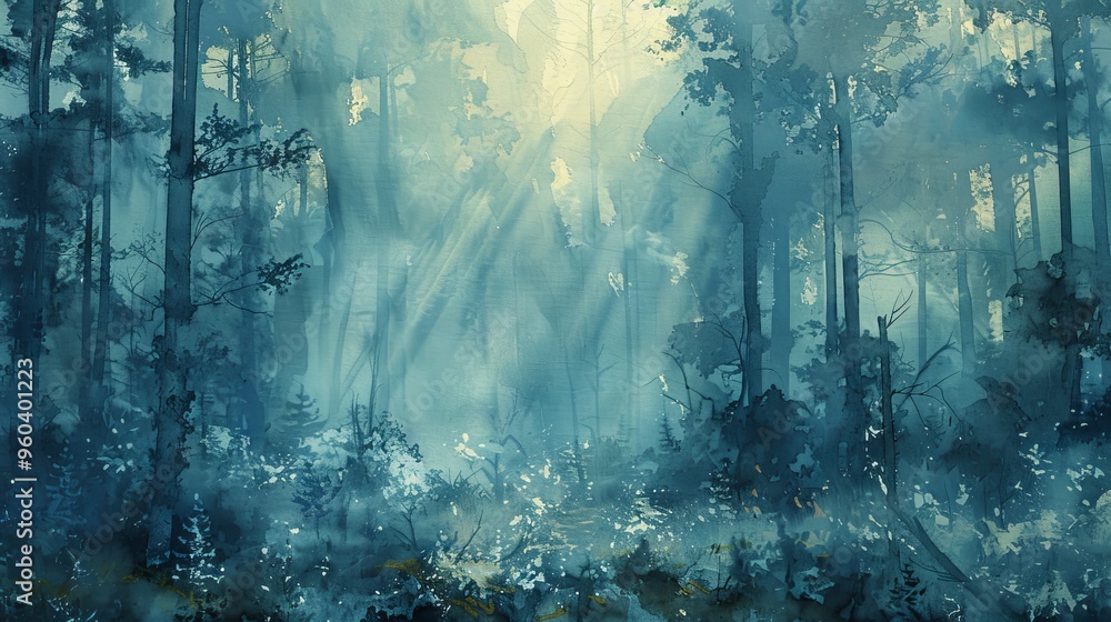 A misty forest scene with tall trees and sunlight filtering through the foliage. The scene is rendered in shades of blue and green. A misty forest scene with tall trees and sunlight filtering through the foliage. The scene is rendered in shades of blue and green.