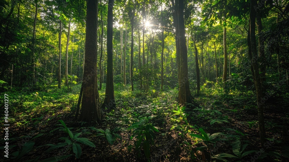 Sunlight streams through the dense canopy of a lush green forest, creating a serene and vibrant natural scene in the wilderness.. Sunlight streams through the dense canopy of a lush green forest, creating a serene and vibrant natural scene in the wilderness..
