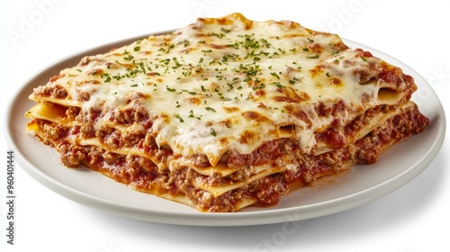 Top view of a plate of lasagna with layers of meat sauce and cheese, isolated on white background