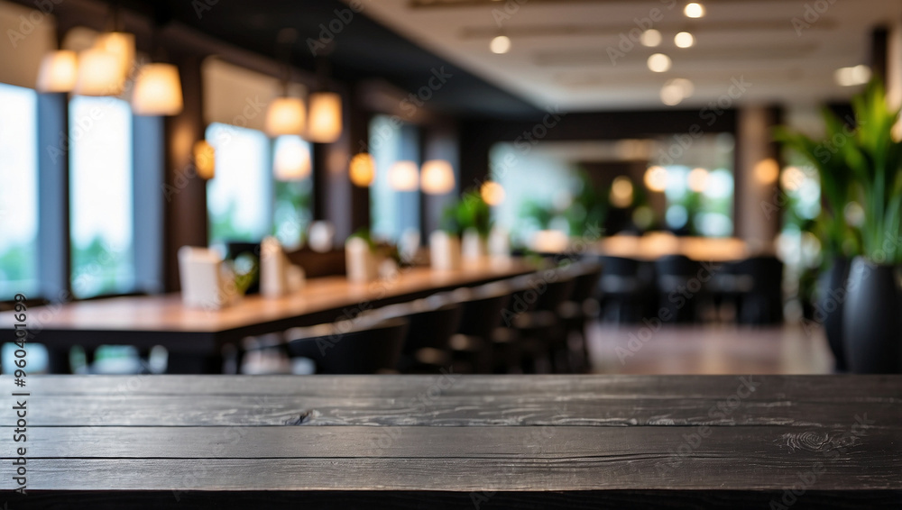 The empty black wooden table top with blur background of hotel lobby. For product display The empty black wooden table top with blur background of hotel lobby. For product display