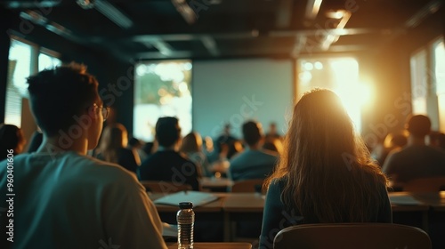 A group of students attentively listening to a lecture in a classroom bathed in warm sunlight, with a focus on learning and education..