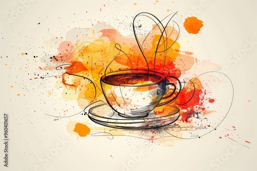 Whimsical black and white doodle artwork featuring two steaming coffee cups surrounded by playful coffee-related elements and patterns.