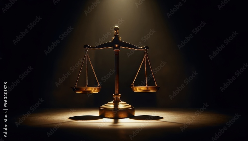 Scales of justice in the dark, illuminated by a spotlight, with plenty of negative space – Symbol of law and balance Scales of justice in the dark, illuminated by a spotlight, with plenty of negative space – Symbol of law and balance