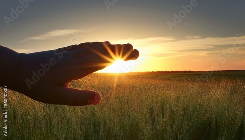 hands in the sky, hand reaching out to sky, Hand happy baby at sunset. Silhouette hand of kid close-up in sun Silhouette palm pull to sun, silhouette of a person in a field at sunset