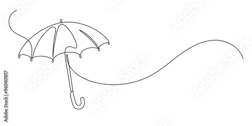 Umbrella in the rain. Continuous line drawing. Autumn frame border.