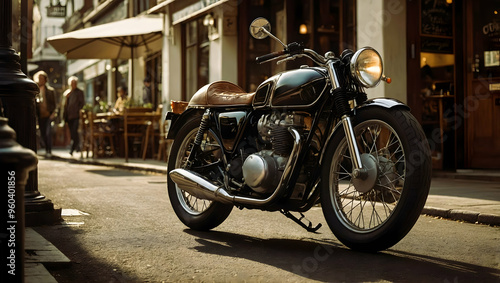 Fototapeta Naklejka Na Ścianę i Meble -  A vintage motorcycle parked on a narrow street with buildings and people in the background. The motorcycle is blue and black, and the street has cobblestones and a small building on the right side.
