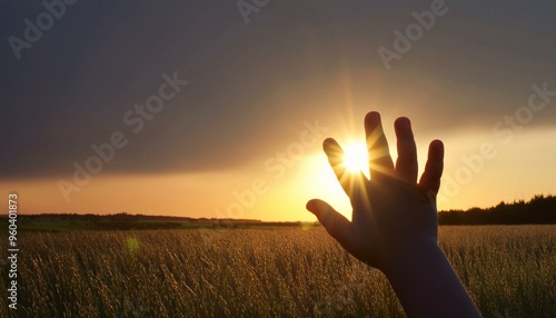 hands in the sky, hand reaching out to sky, Hand happy baby at sunset. Silhouette hand of kid close-up in sun Silhouette palm pull to sun, silhouette of a person in a field at sunset