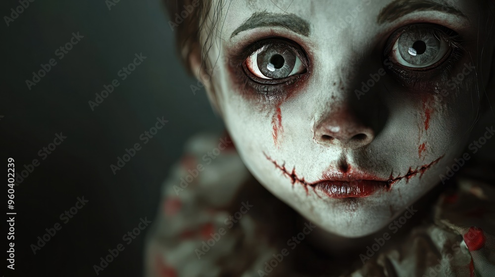 An illustration of a creepy looking doll with human-like features. An unsettling and scary portrait of a living doll.. Halloween. An illustration of a creepy looking doll with human-like features. An unsettling and scary portrait of a living doll.. Halloween.