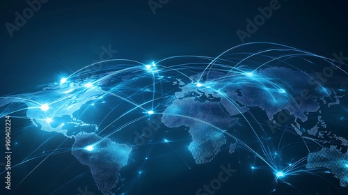 Global Supply Chain Management Concept on Metallic Blue Background - Ultra High Quality 3D World Map with Streamlined Connections