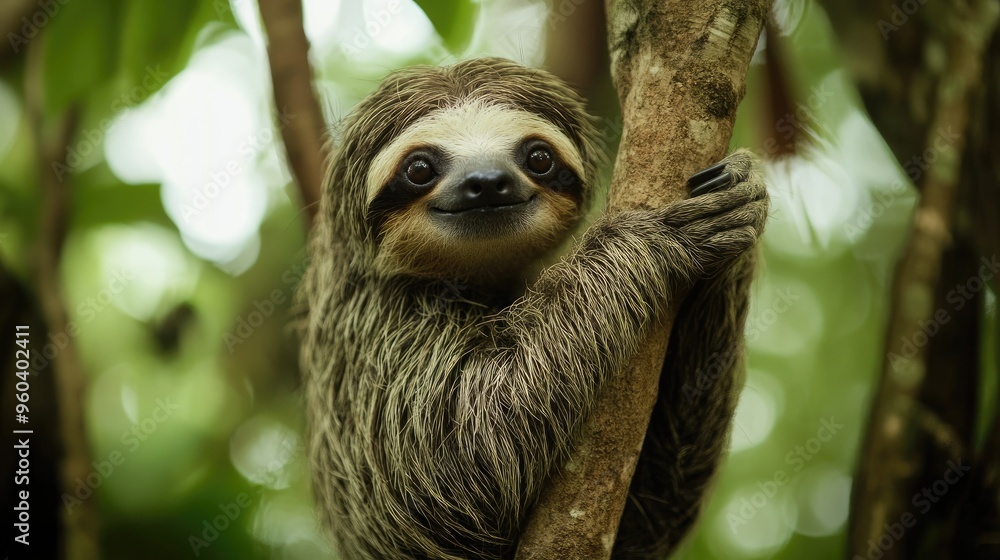 Close-up of a three-toed sloth clinging to a tree branch in the rainforest, showcasing its gentle and calm nature.. Close-up of a three-toed sloth clinging to a tree branch in the rainforest, showcasing its gentle and calm nature..
