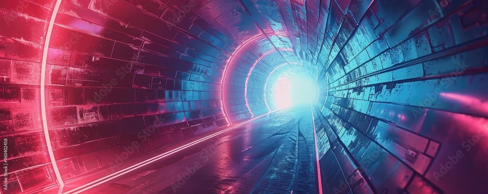 A vibrant tunnel illuminated with futuristic neon lights, merging technology and art in captivating visual depth. A vibrant tunnel illuminated with futuristic neon lights, merging technology and art in captivating visual depth.