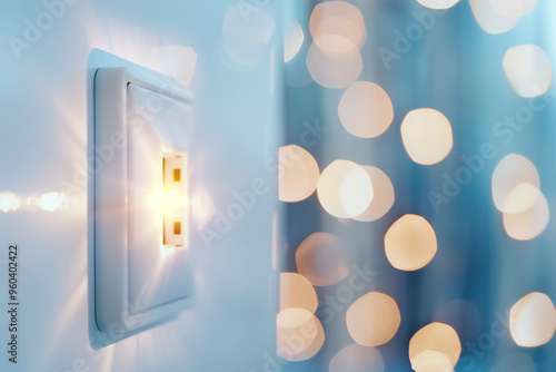 A light switch glows warmly against a backdrop of blurred, softly shimmering lights, enhancing the inviting ambiance of the room during the evening photo