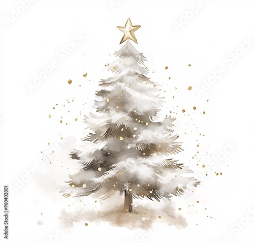 Elegant Watercolor Christmas Tree with Golden Ornaments