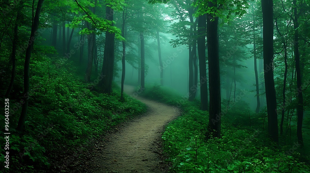 Fototapeta premium Enigmatic Journey: Mystical Foggy Forest Pathway of Life's Uncertainties, Premium Quality Image