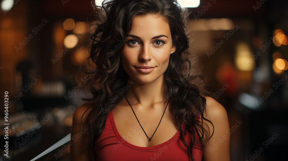 Fototapeta premium Jolie jeune femme brune et souriante, portant un t-shirt rouge. La fille se trouve dans un bar à la lumière tamisée. Femme, humain, personne. Beauté, belle. Soirée, intérieur, sombre.