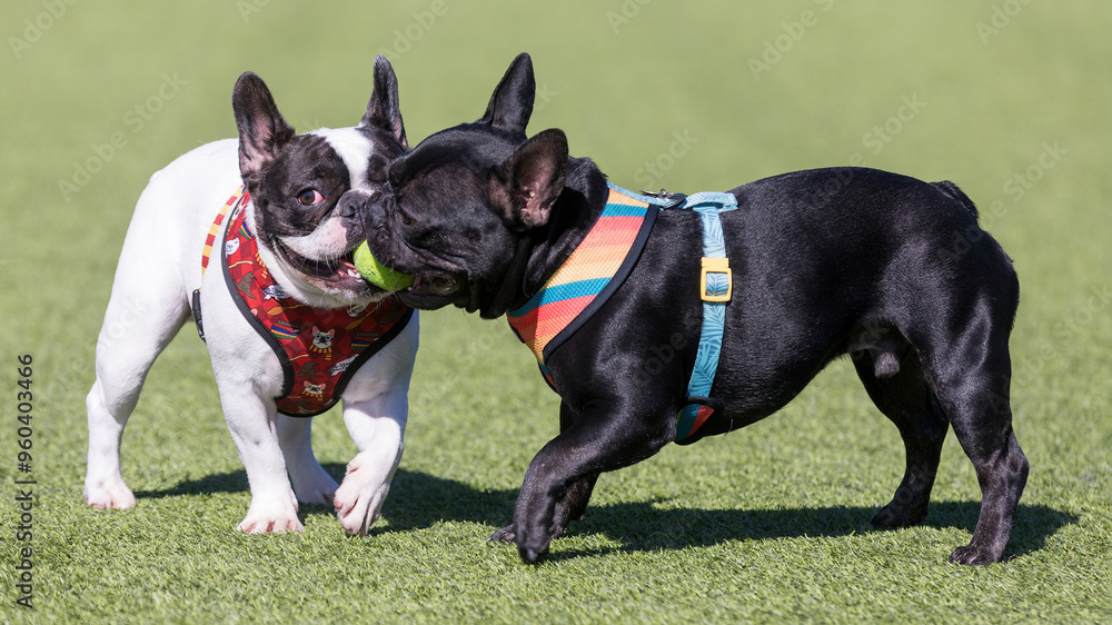 Two French Bulldogs playing with a ball. Off-leash dog park in Northern California. Two French Bulldogs playing with a ball. Off-leash dog park in Northern California.