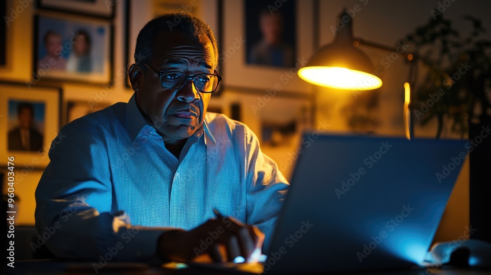A senior man, wearing glasses, carefully reviews and signs documents while working at his home office desk in a dimly lit room.. A senior man, wearing glasses, carefully reviews and signs documents while working at his home office desk in a dimly lit room..