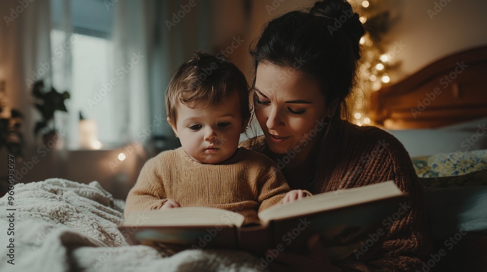 A mother reads a bedtime story to her young child in a cozy, softly lit bedroom, creating a warm and intimate moment.. A mother reads a bedtime story to her young child in a cozy, softly lit bedroom, creating a warm and intimate moment..