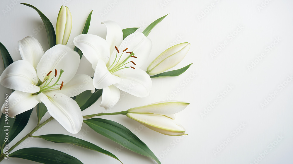 Fototapeta premium Elegant white lilies with lush green leaves on a minimalist background