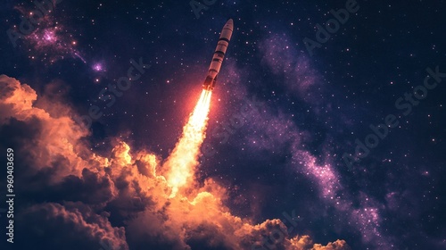 Rocket launch at night, fiery glow lighting up the surroundings, stars and distant galaxies in the background, mesmerizing and powerful