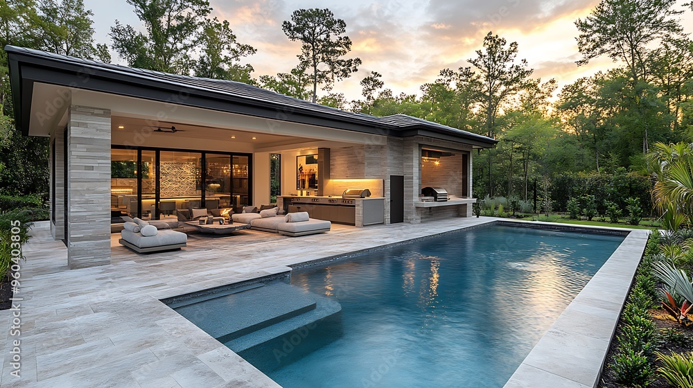 A serene luxury resort with travertine pavers surrounding a sparkling ...