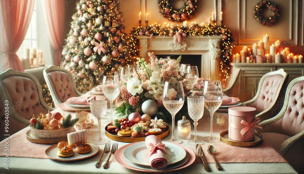 Festive table for Christmas dinner with champagne glasses, candles, fireplace with garland, decorated Christmas tree with balls and lights in soft pastel pink color Festive table for Christmas dinner with champagne glasses, candles, fireplace with garland, decorated Christmas tree with balls and lights in soft pastel pink color
