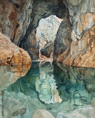 A serene cave opening leads to a tranquil pool of water, reflecting the surrounding rock formations.