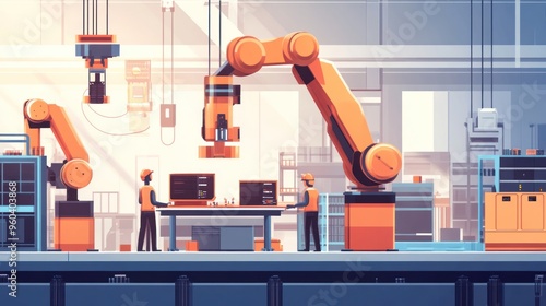 Scene of an automated factory in action, workers and robots working together, focus on efficiency and innovation