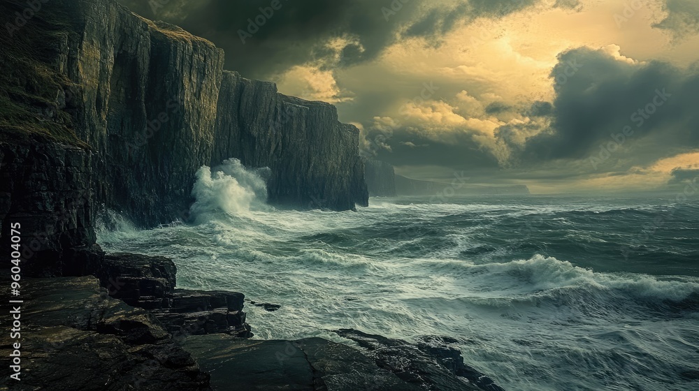 A dramatic coastal landscape with rugged cliffs and crashing waves under a stormy sky. A dramatic coastal landscape with rugged cliffs and crashing waves under a stormy sky.
