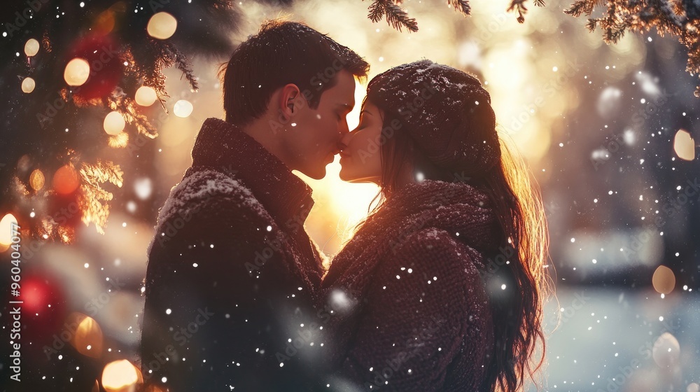 A couple shares a romantic kiss under softly falling snow, illuminated by golden sunlight through winter trees, creating a magical atmosphere. A couple shares a romantic kiss under softly falling snow, illuminated by golden sunlight through winter trees, creating a magical atmosphere.