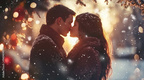 A couple shares a romantic kiss under softly falling snow, illuminated by golden sunlight through winter trees, creating a magical atmosphere.