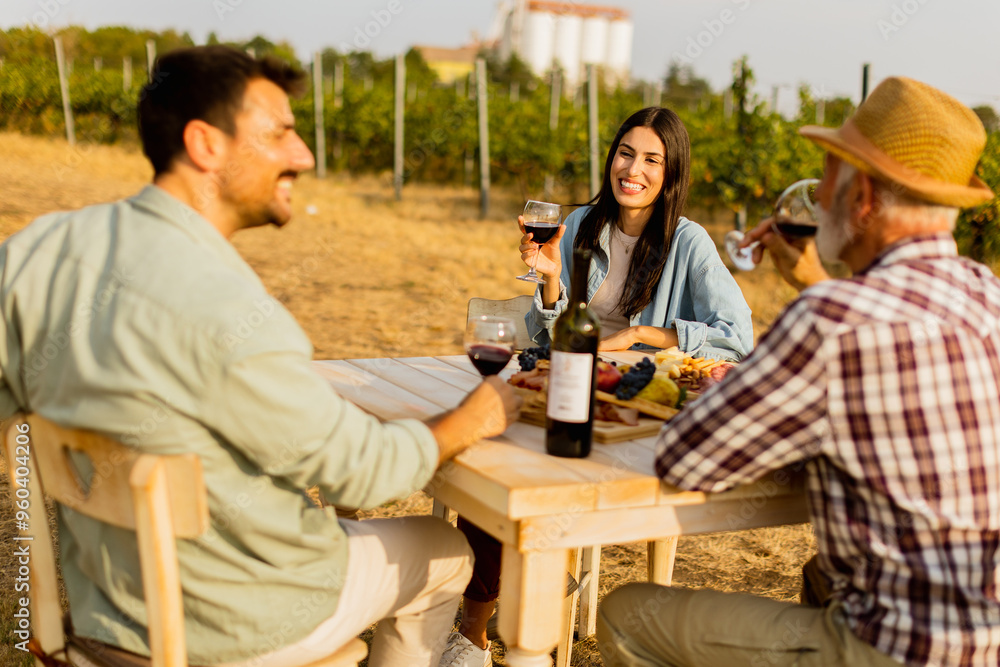 Enjoying a sunny afternoon at a vineyard, friends savor delicious food and wine while sharing laughter and stories Enjoying a sunny afternoon at a vineyard, friends savor delicious food and wine while sharing laughter and stories
