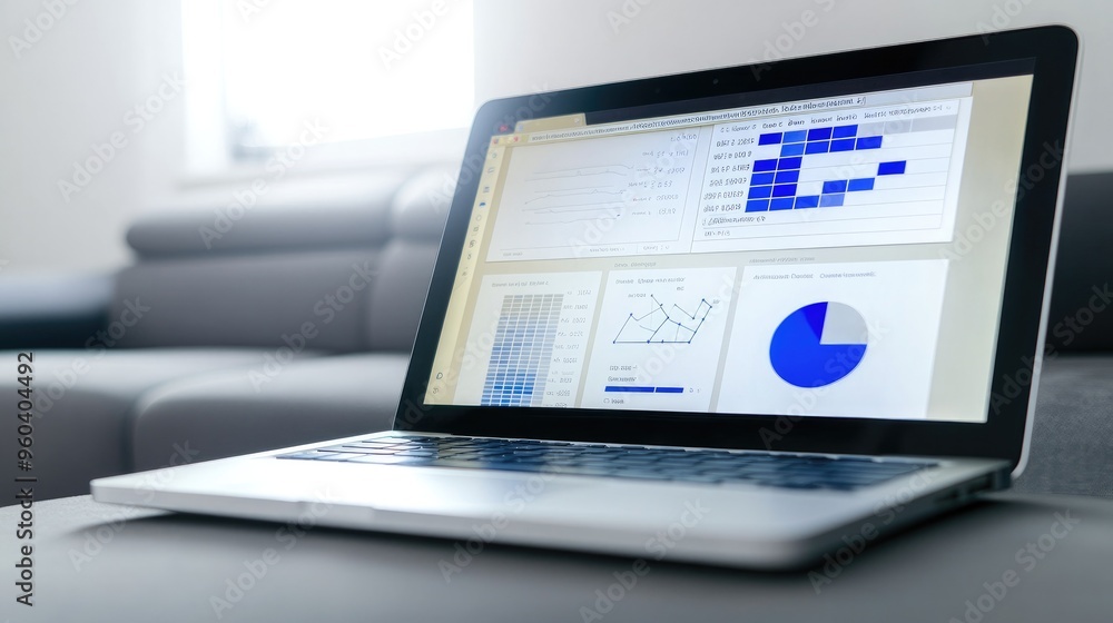 A laptop screen showing various data analytics, graphs, and charts, representing business metrics and performance analysis in a modern workspace. A laptop screen showing various data analytics, graphs, and charts, representing business metrics and performance analysis in a modern workspace.