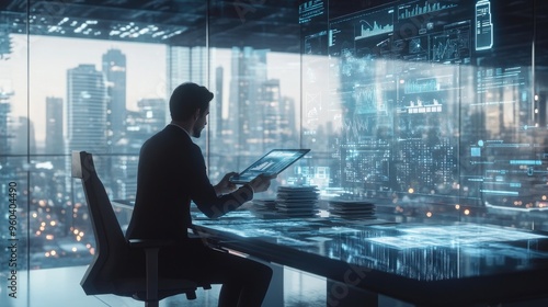 A businessman in a high-rise office analyzes digital data on transparent screens, overlooking a futuristic city skyline illuminated at night.