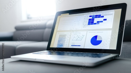 A laptop screen showing various data analytics, graphs, and charts, representing business metrics and performance analysis in a modern workspace.