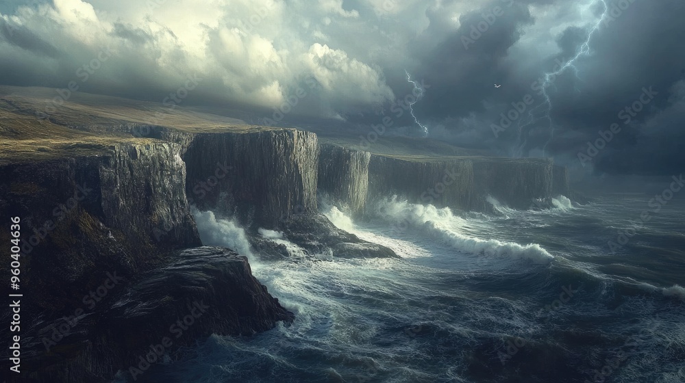 A dramatic coastline with rugged cliffs and crashing waves under a stormy sky. A dramatic coastline with rugged cliffs and crashing waves under a stormy sky.
