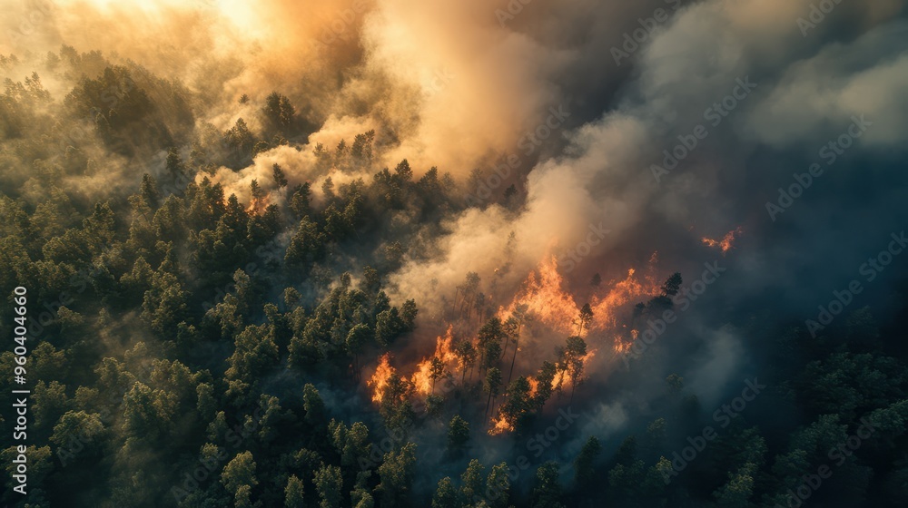 Bird's-eye view of a forest fire or wildfire captured by an aerial drone, showing dense smoke clouds and the combustion of parched vegetation. Bird's-eye view of a forest fire or wildfire captured by an aerial drone, showing dense smoke clouds and the combustion of parched vegetation.