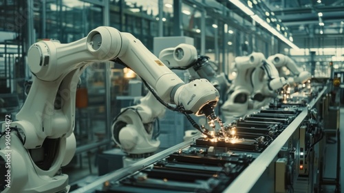 Scene of factory robotics performing complex tasks, workers ensuring smooth operations, emphasis on efficiency and technology