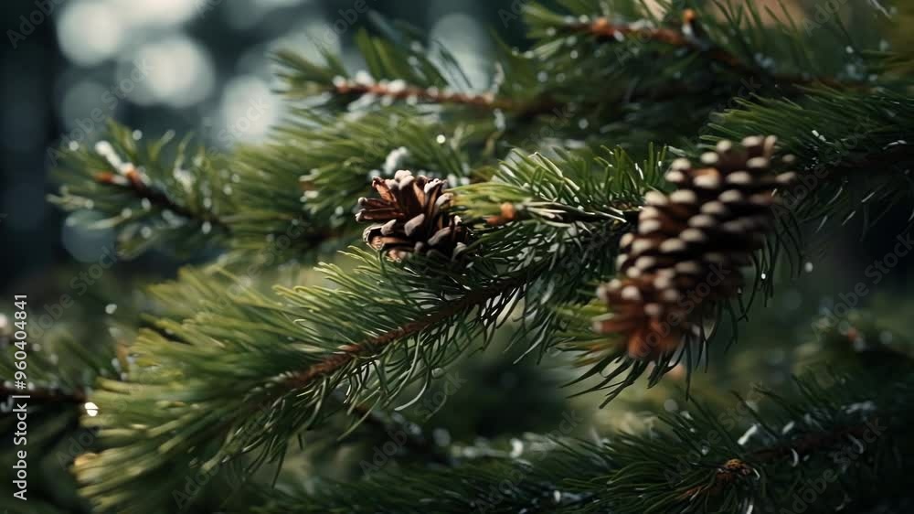 Two pine cones are growing on a branch of an evergreen pine tree, illuminated by soft, diffused light coming through the forest canopy Two pine cones are growing on a branch of an evergreen pine tree, illuminated by soft, diffused light coming through the forest canopy