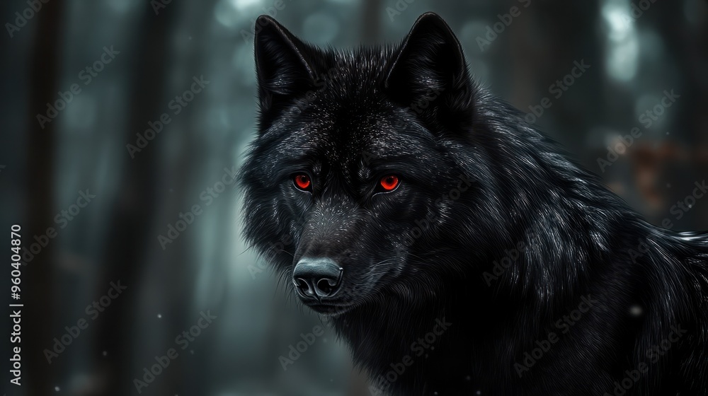 Black wolf, red eyes. Striking portrait of a black wolf with intense red eyes, against a dark forest background. Black wolf, red eyes. Striking portrait of a black wolf with intense red eyes, against a dark forest background.