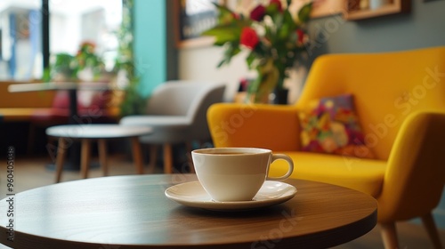 A cozy café setting featuring two cups of coffee on a wooden table, with warm sunlight filtering through the windows, offering a view of autumn leaves outside.